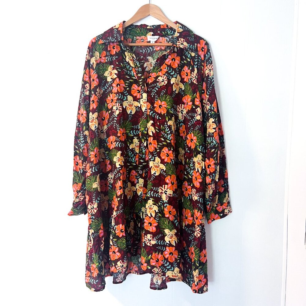 AnnieWear Floral Print Mini Dress Autumn Long Sleeve Button Down Shirt Dress  M - Picture 2 of 9